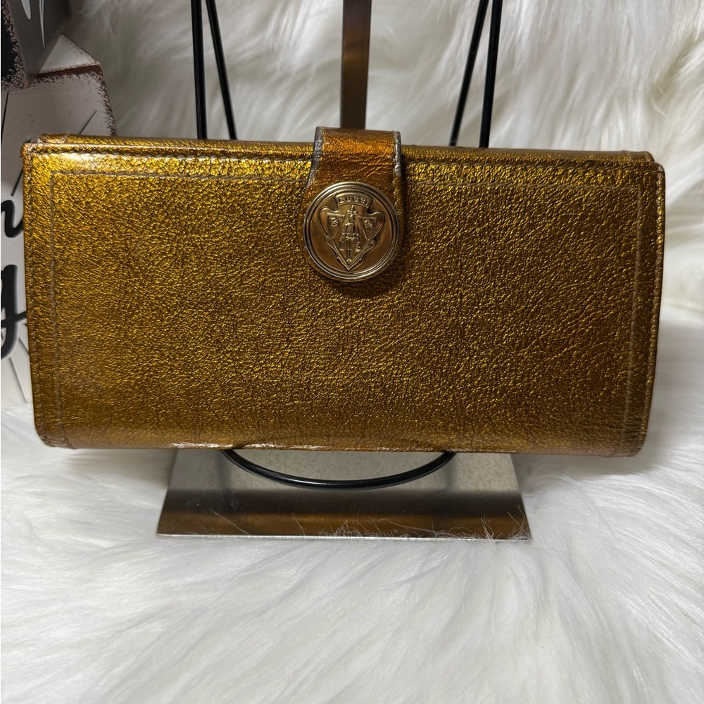 Gucci Wallet Gold Crest Rare Sima Leather Brown Purse Authentic preowned